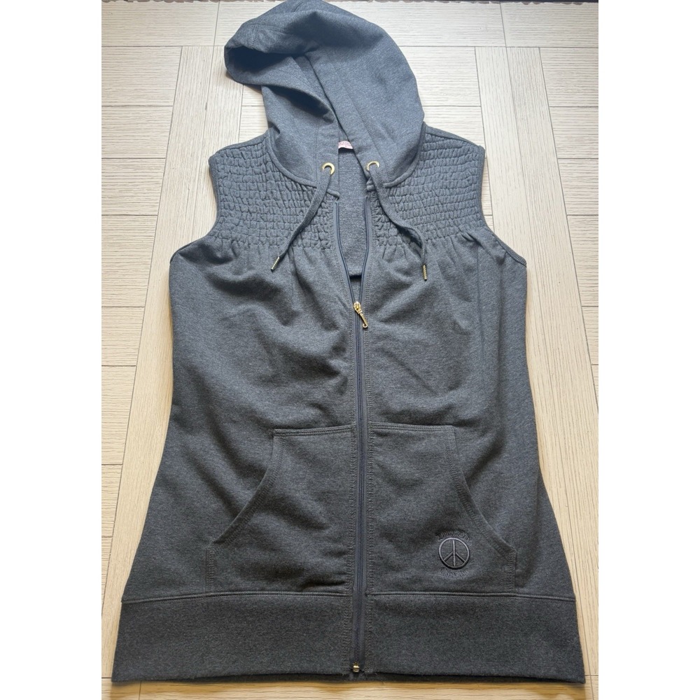 Juicy Couture‎ Zip Front Women's Sz S Gray Sleeveless Hoodie Front Pockets Peace